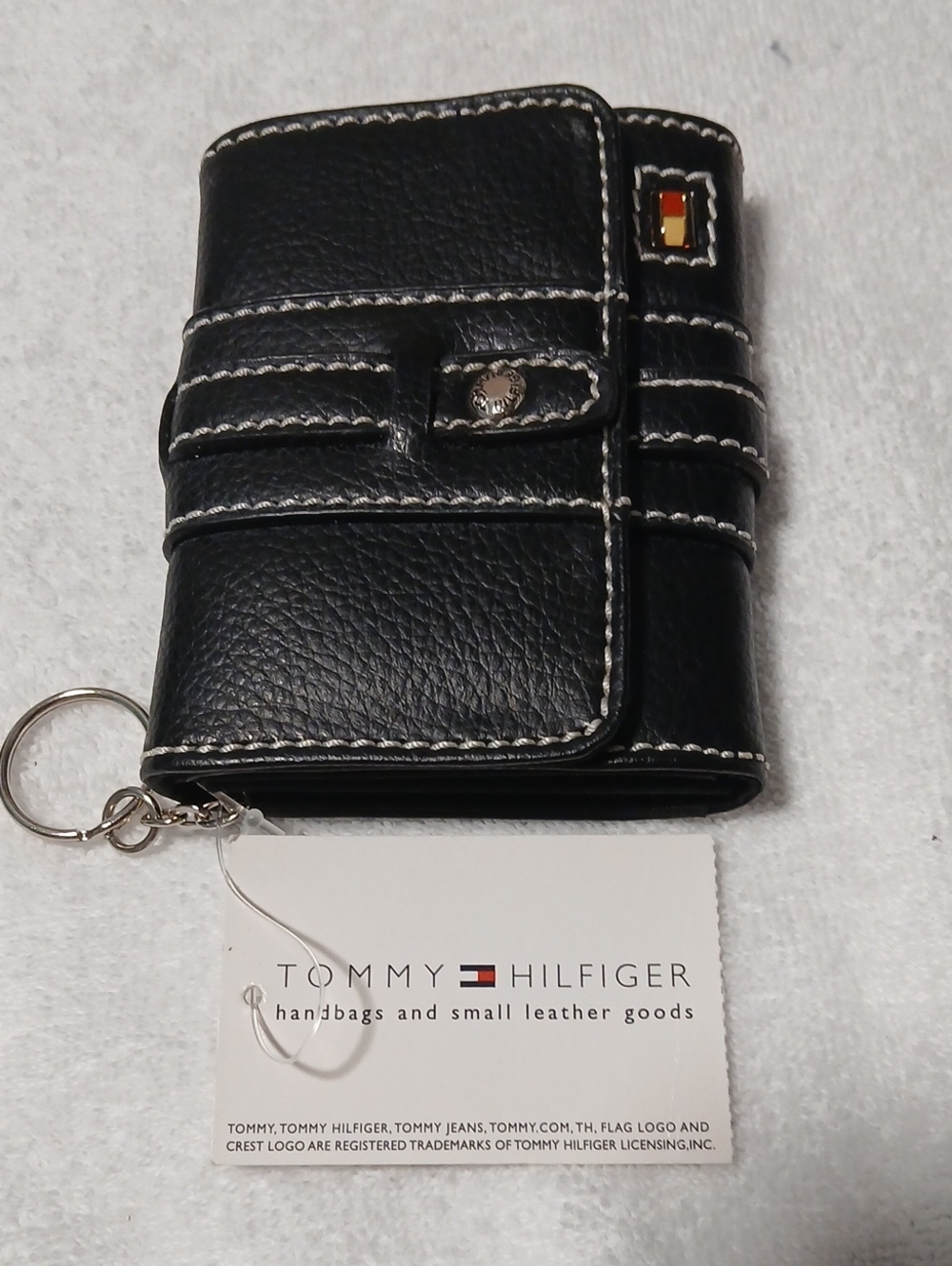 Tommy Hilfiger Black Leather Key & Card Holder Coin Purse with Flag Accent
